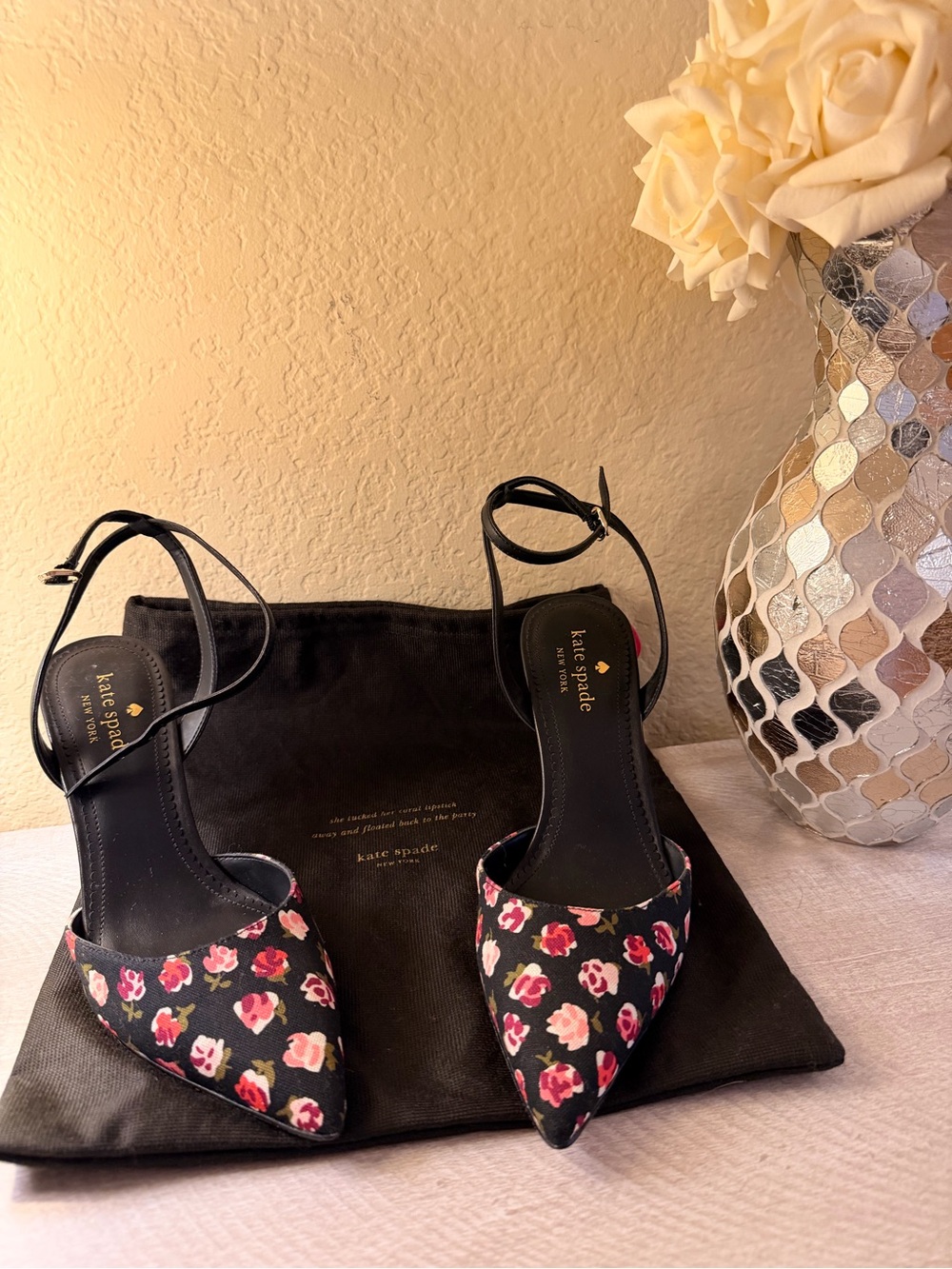 Kate Spade Black Floral Pointed-Toe Ankle-Strap Heels